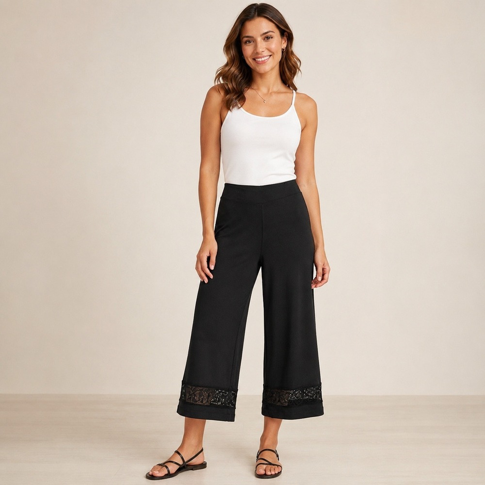 Chicos Black Wide Leg Pants Crochet Lace Hem Elastic Waist Acetate Blend 0 S